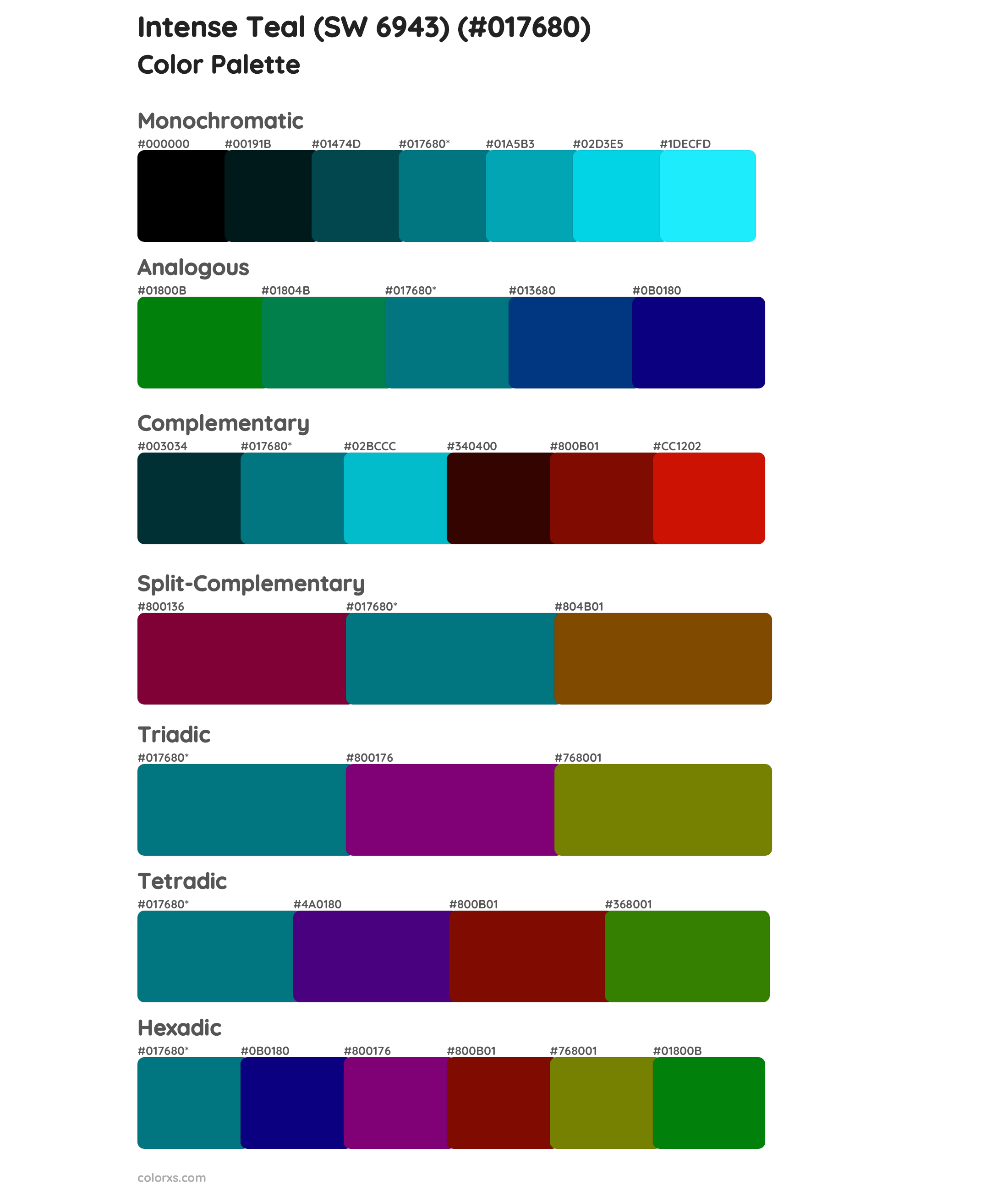 Intense Teal (SW 6943) Color Scheme Palettes