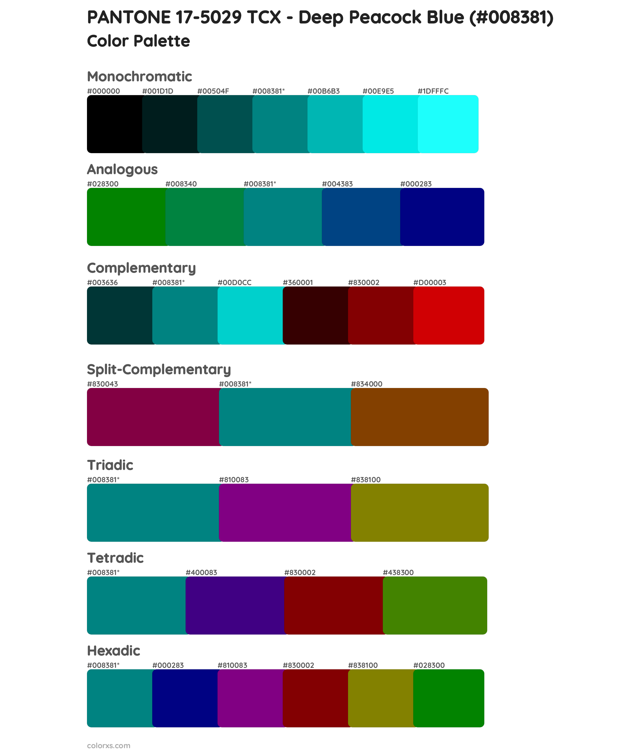 PANTONE 17-5029 TCX - Deep Peacock Blue Color Scheme Palettes