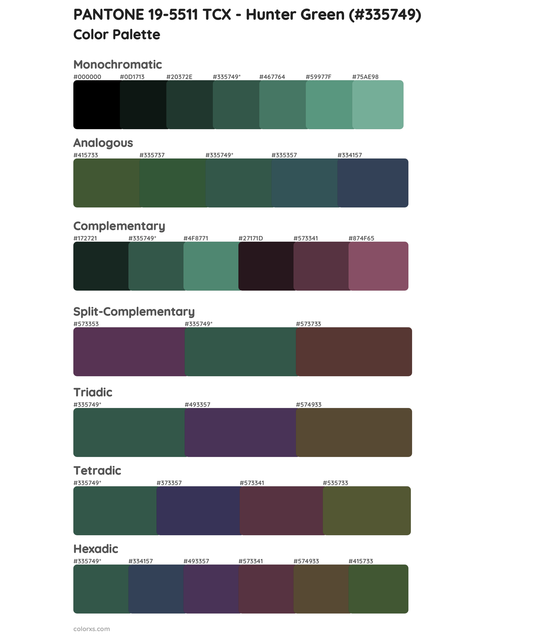 PANTONE 19-5511 TCX - Hunter Green Color Scheme Palettes