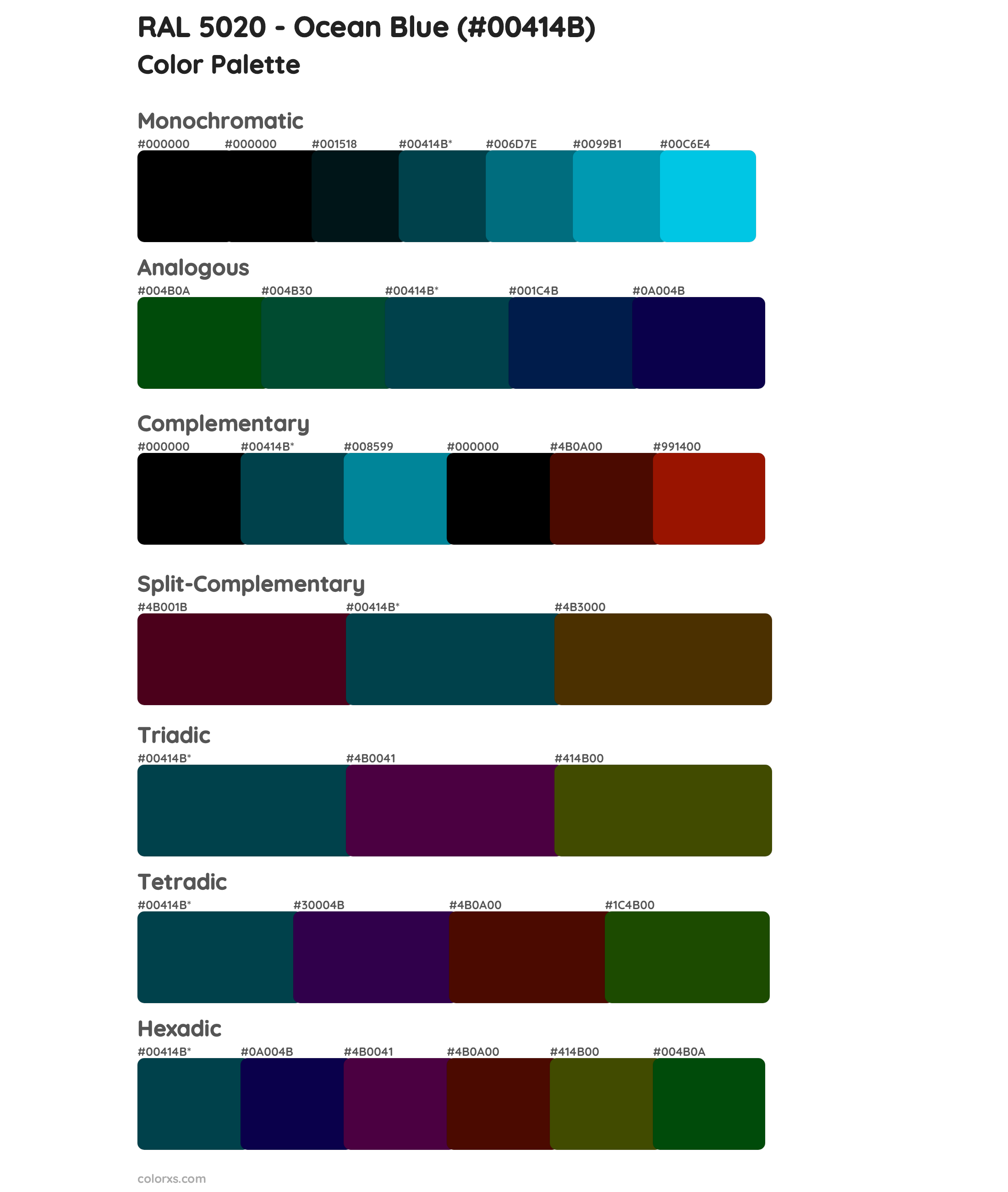 RAL 5020 - Ocean Blue Color Scheme Palettes