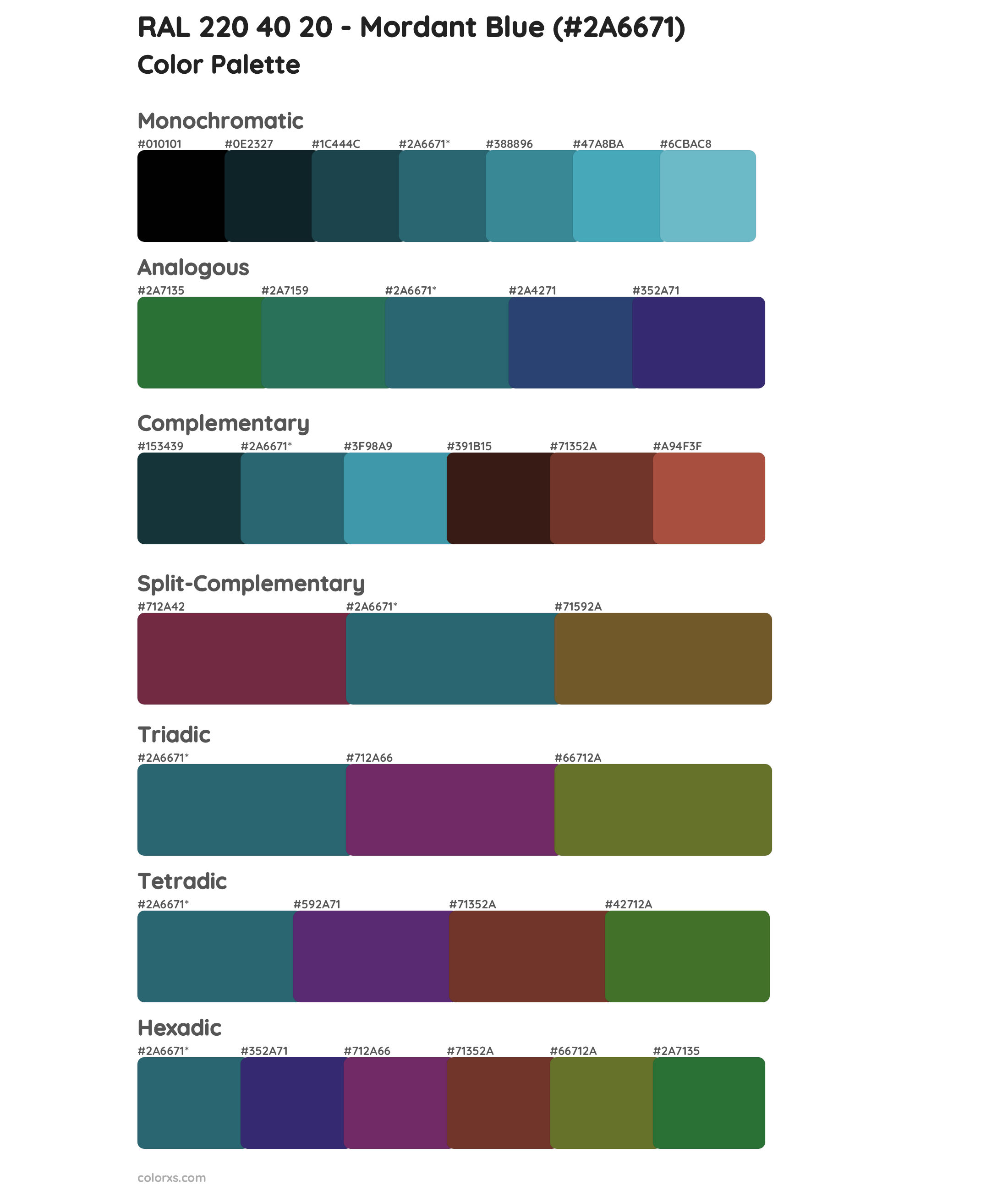 RAL 220 40 20 - Mordant Blue Color Scheme Palettes