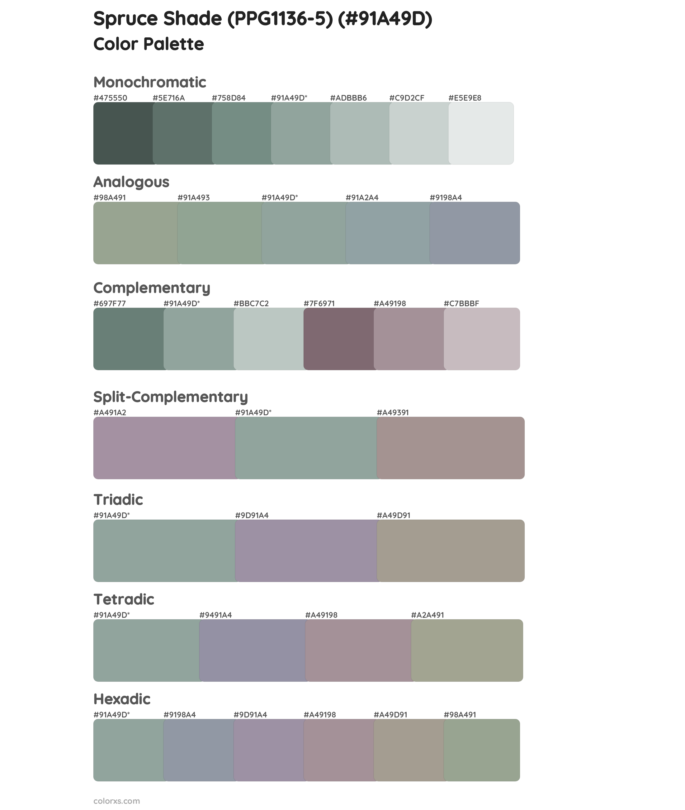 Spruce Shade (PPG1136-5) Color Scheme Palettes