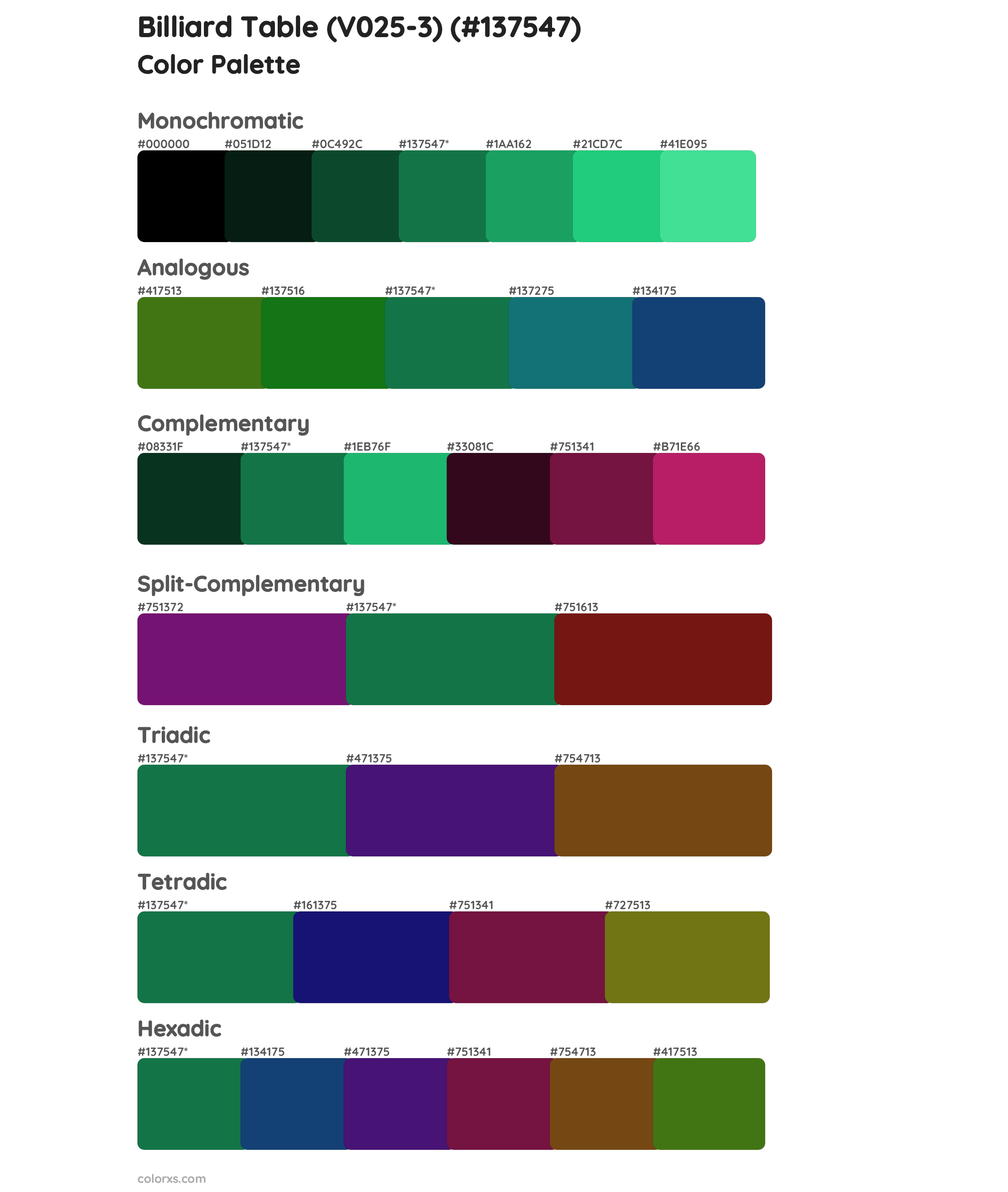 Billiard Table (V025-3) Color Scheme Palettes