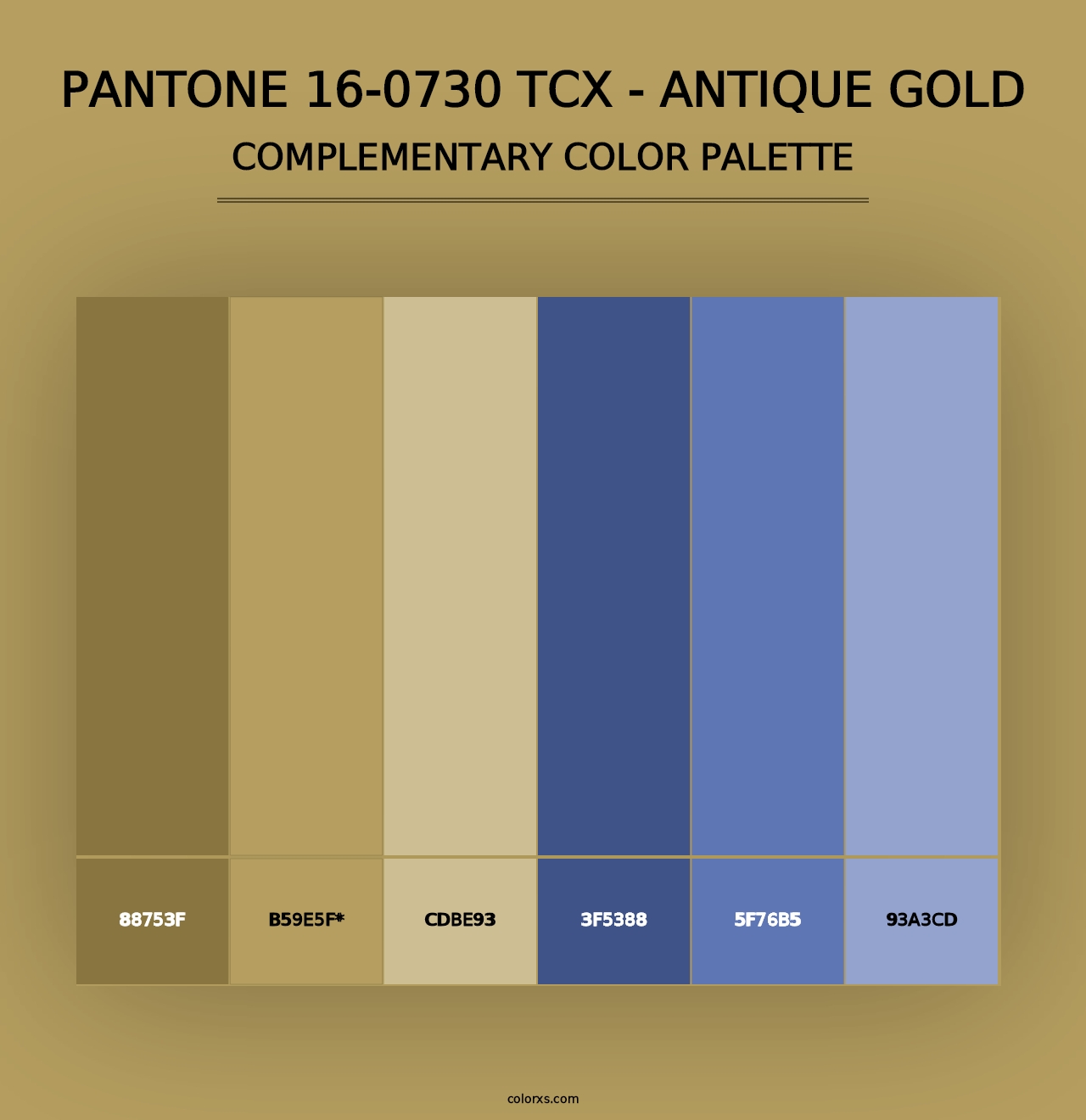 PANTONE 16-0730 TCX - Antique Gold - Complementary Color Palette