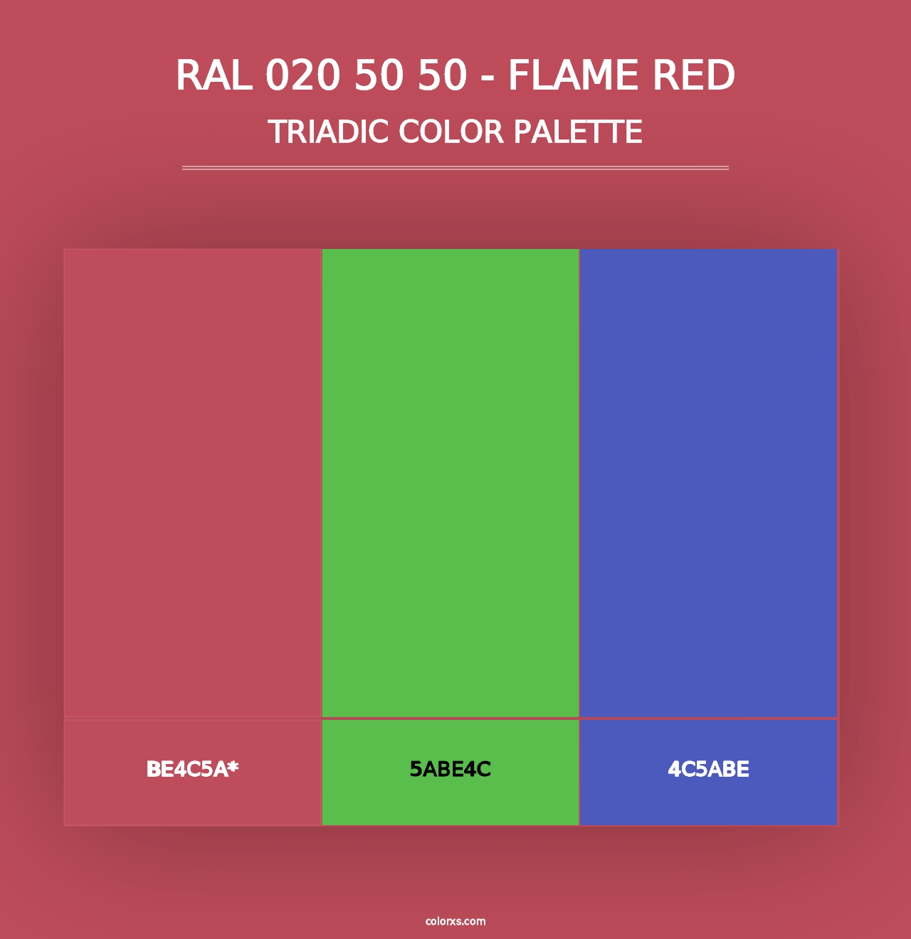 RAL 020 50 50 - Flame Red - Triadic Color Palette